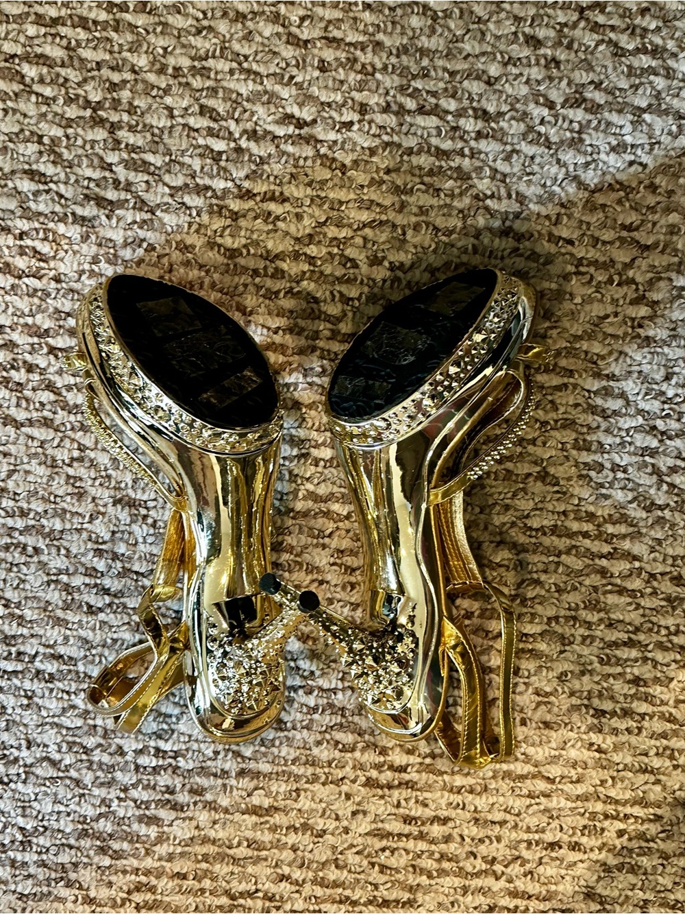 Pierre Dumas Gold Strappy Heeled Sandals with Rhinestone Details